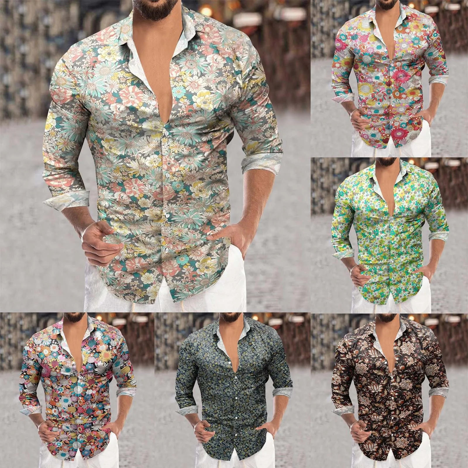 

Mens Long Sleeve Floral Business Hem Button Print Leisure Floral Shirt Cardigan Blouses Men's Clothes
