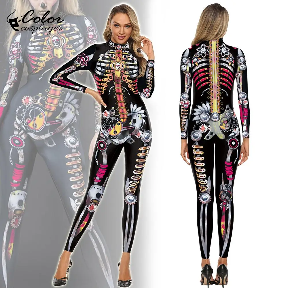 Color Cosplayer Halloween Tight Woman Zentai Suits Steampunk Skeleton Printed Bodysuit Purim Festival Cosplay Costume Catsuits