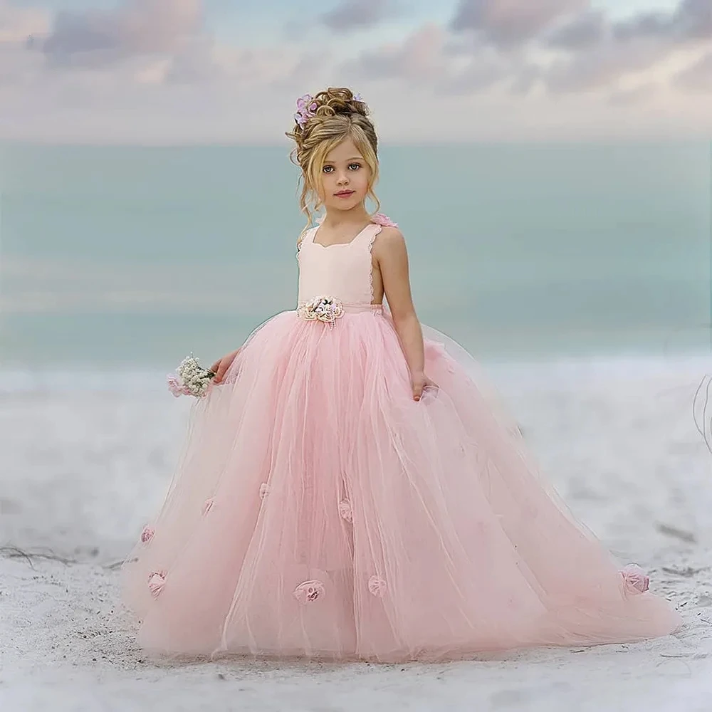 

Square Collar Flower Accents Flower Girl Dress Tulle Sleeveless Princess First Communion Gown Bll Gown Holy Birthday Dress