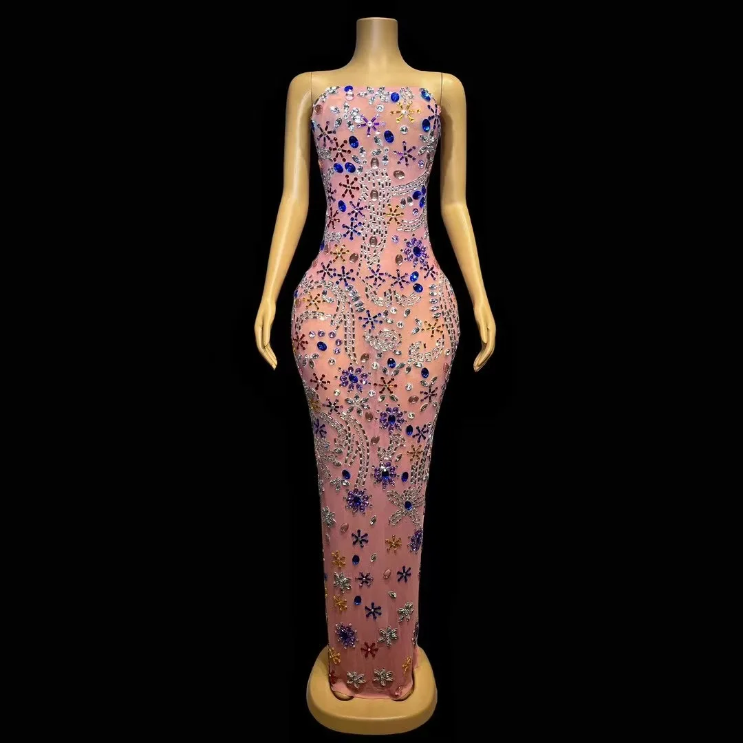 

ColorfuL Big Rhinestones Transparent SleevelessPink Dress Birthday Celebrate Evening DancePerformance Sexy Costume tangren C165