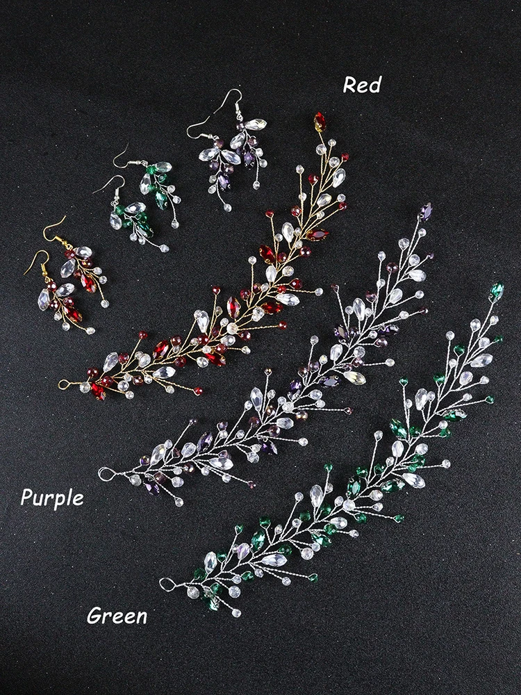 Bohe Green Red Purple Crystal Wedding Hair Accessories Headbands and Earrings Set for Bride Headdresses Rhinestone Party Tiaras
