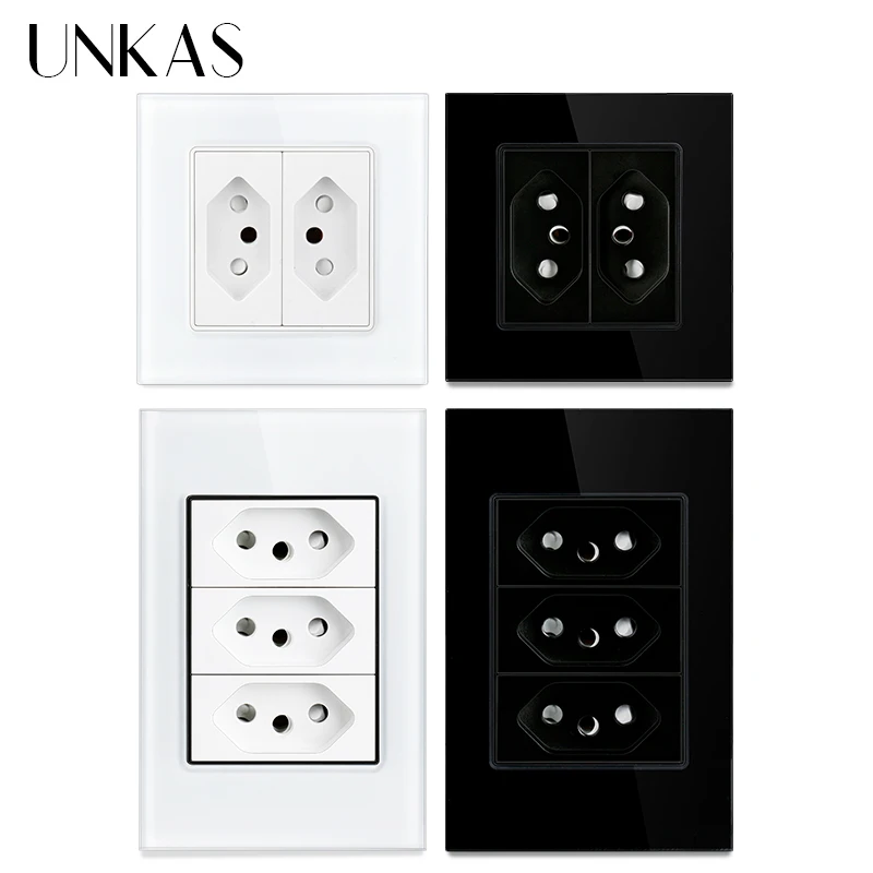 

UNKAS Three Brazil Standard White Socket Two Pins Hole AC 250V 1 2 3 4 5 6 Piece 20A Glass Panel Black Power Outlet