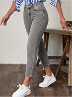 Pocket Micro Elastic Pants High Waist Solid Color Women's Straight Leg Pants Fashion High Street Daily Versatile Spring Jeans - Image 4