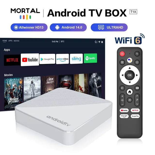 Mortal TV Box Android14 T1X Voice Netflix Chromecast Wifi 6 BT5.0 4K HDR10 Youtube H313 Streaming Media Player Games Set Top Box