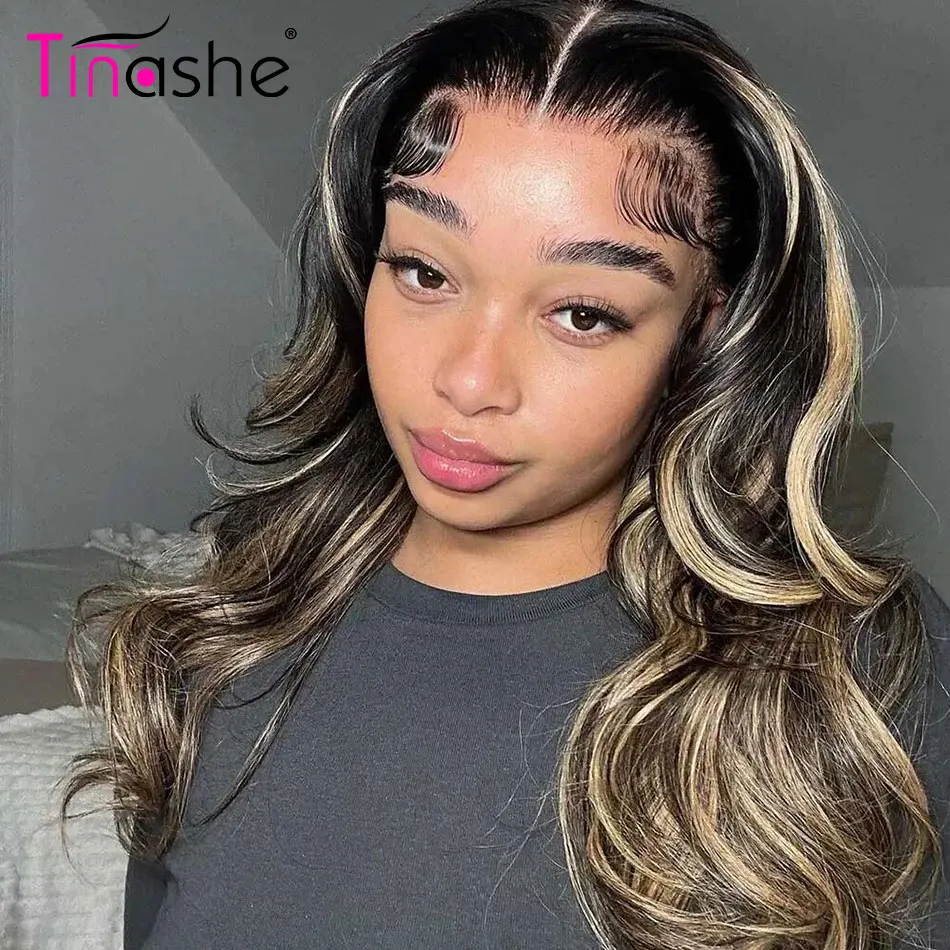 Tinashe Layered Cut Highlight Loose Wave Wig Pre Bleached Human Hair Wigs 200 Density Glueless 6&times;5 HD Lace Closure Wig