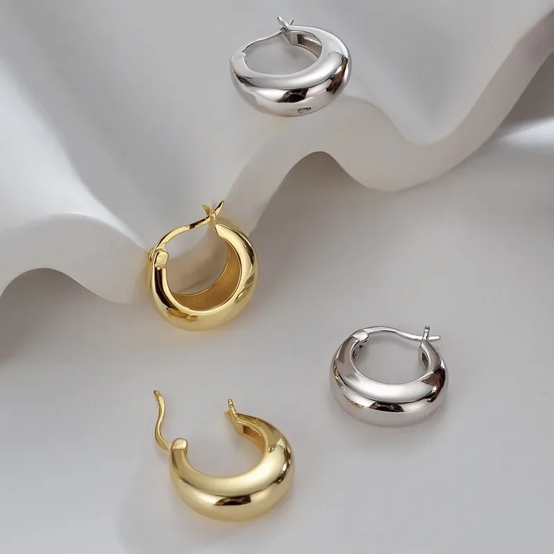 Punk Round Chunky Hoop Earrings for Women Girls Gold Color Plated Wide Thick Geometric Metal Statement