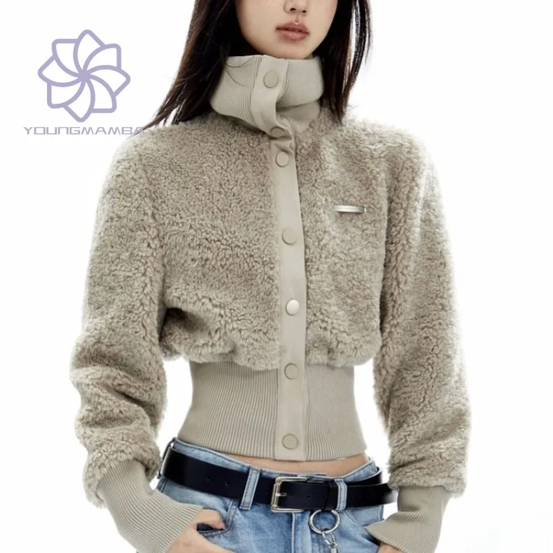 

American Retro Jacket Women's Solid Vintage High Collar Cardigans Women Plush Patchwork Slim Fit Short Tops