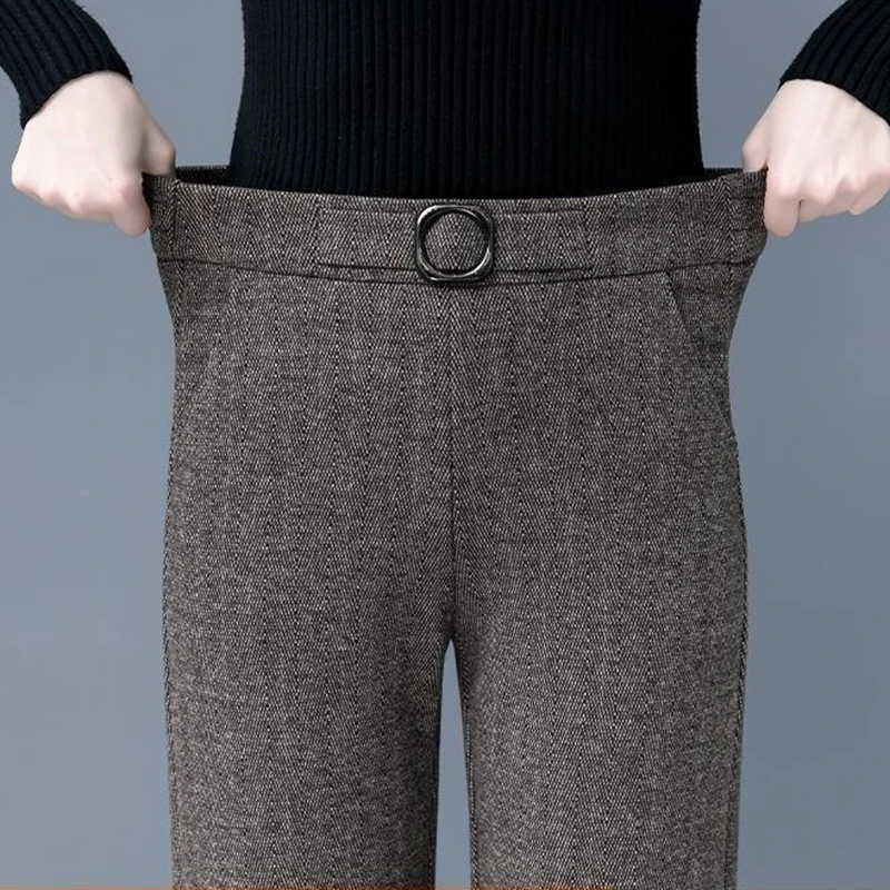 Women Plus Velvet Wide Leg Pant Korean Fashion Woolden Blend Baggy Trousers Fall Winter Fleece Lined Straight Stretch Pantalones