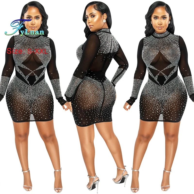 قائمة جديدة المرأة فستان قصير شبكة منظور طويلة الأ...