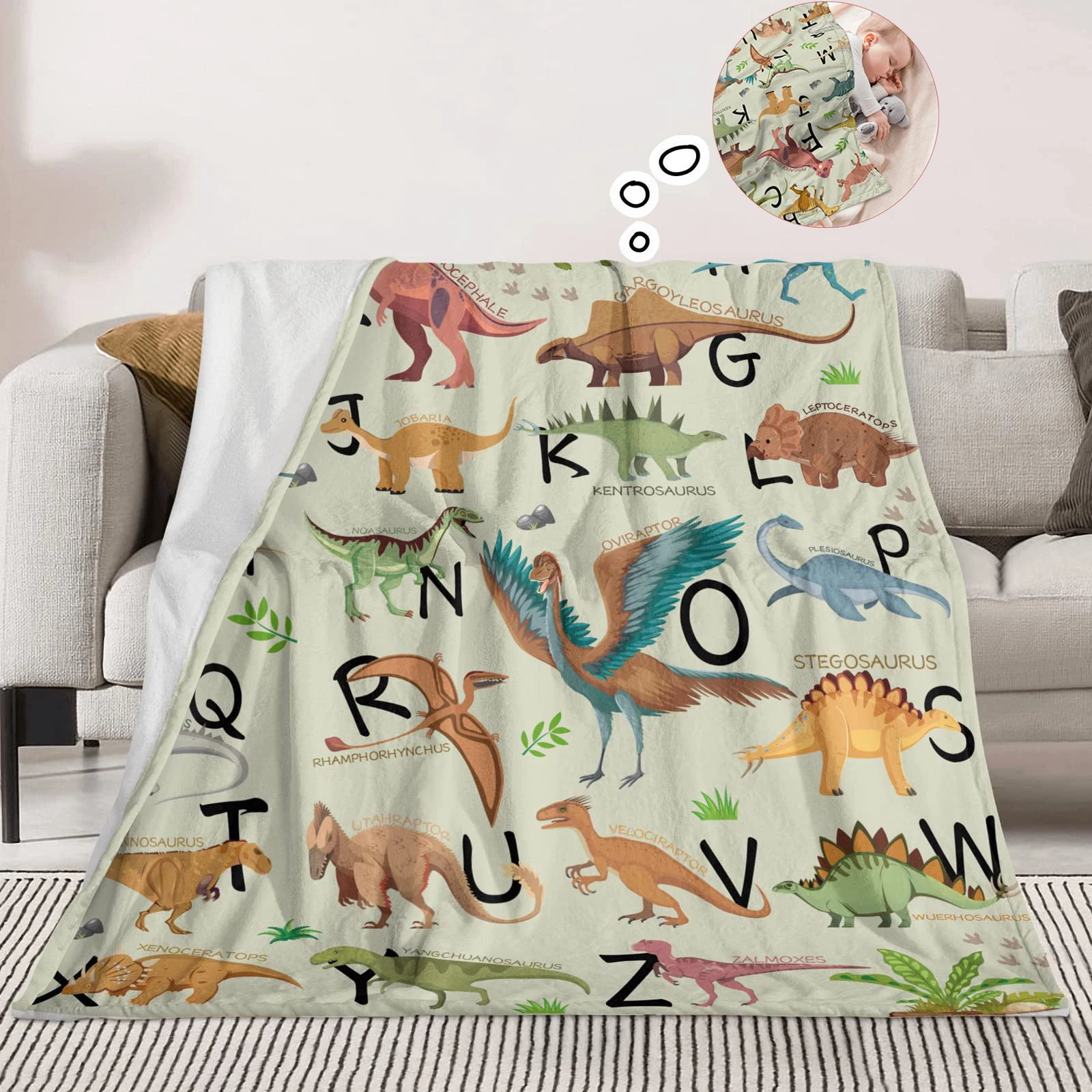 

Dinosaur Alphabet Fleece Blanket Kids Bedding Cute Cartoon Printed Nap Throw Blankets Flannel Plush Bedspread Super Soft Warm