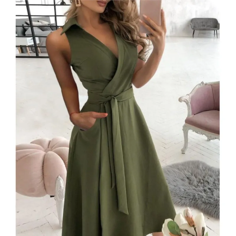 

2023 Spring/Summer New Solid Color Fashion Sweet Elegant Sleeveless V-neck Mid Waist Printed Women's Irregular Dress