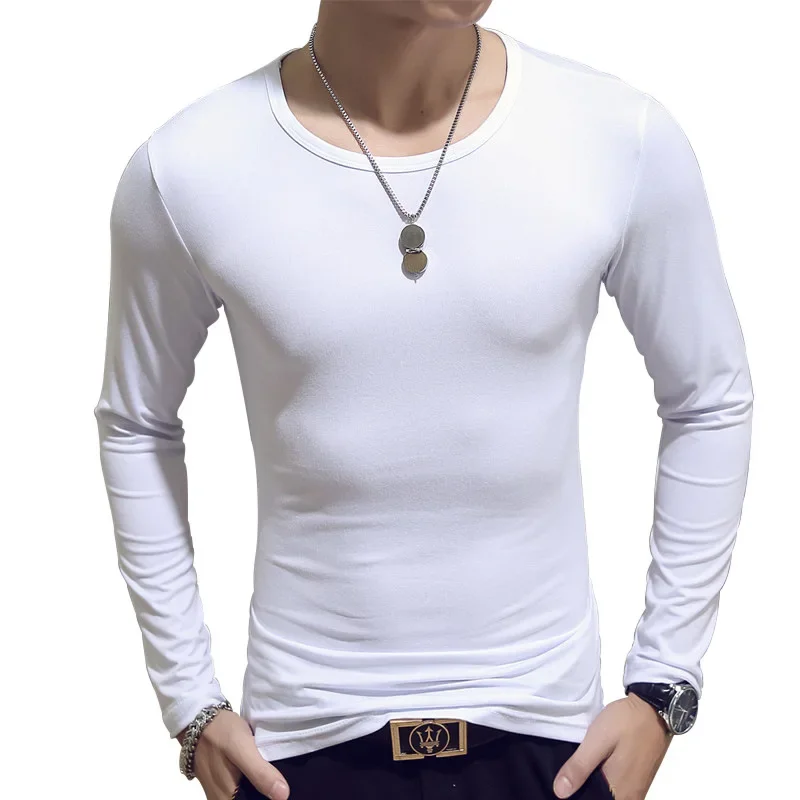 thumbnail image 1 of Camiseta de hombre de manga larga de color liso, camisetas de cuello redondo, camisetas ajustadas, camisetas de gran tamaño blancas y negras para primavera y otoño, 1 of 5