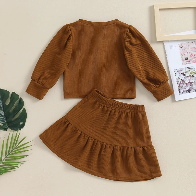 

Kids Girls Skirt Set Long Sleeve Crew Neck T-shirt with Pleated A-line Skirt 2-piece Outfit