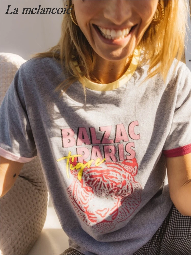 

Футболка женская с круглым вырезом, хлопок, короткий рукав, Повседневная модная рубашка с принтом тигра и букв, лето