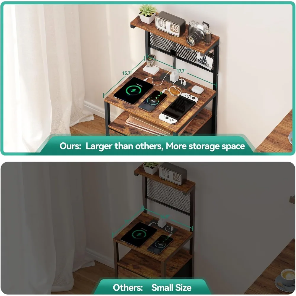 Tall Nightstand with Charging Station and LED Lights, Large Night Stands with Fabric Drawers, Bedside Table with Storage Shelves 4