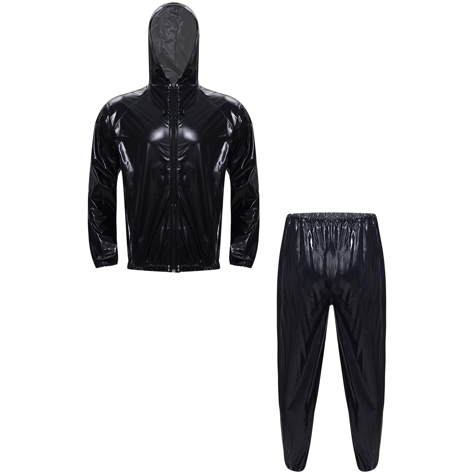 PVC Womens Mens Sweat Sauna Suit Unisex Exercise Workout Outfit Long Sleeve Zipper Drawstring Hooded Jacket Tops with Pants