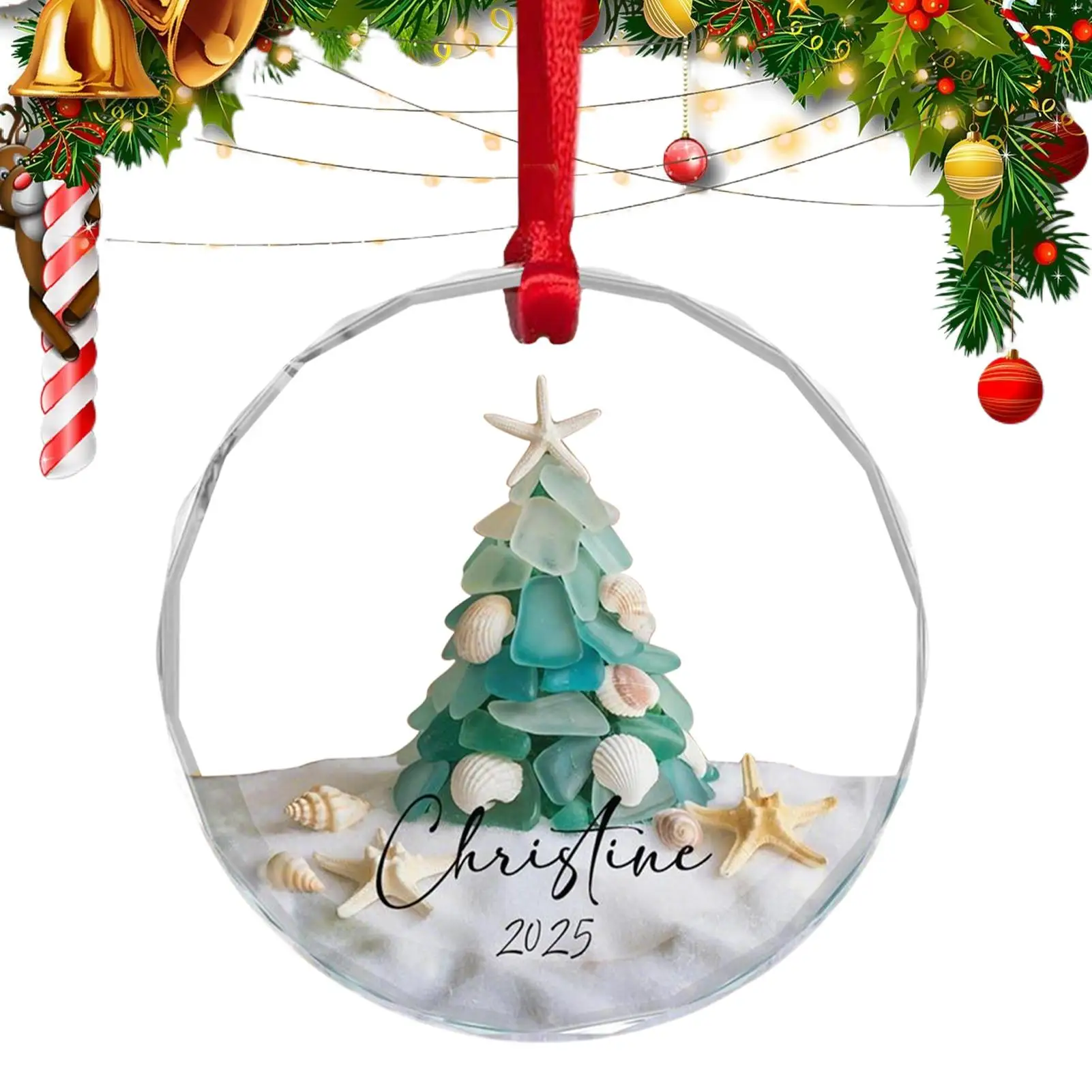 Beach Christmas Ornaments Handmade Sea Glass Pendant Decor Keepsake Charm with Rope for Bedroom Porch Window Decoration