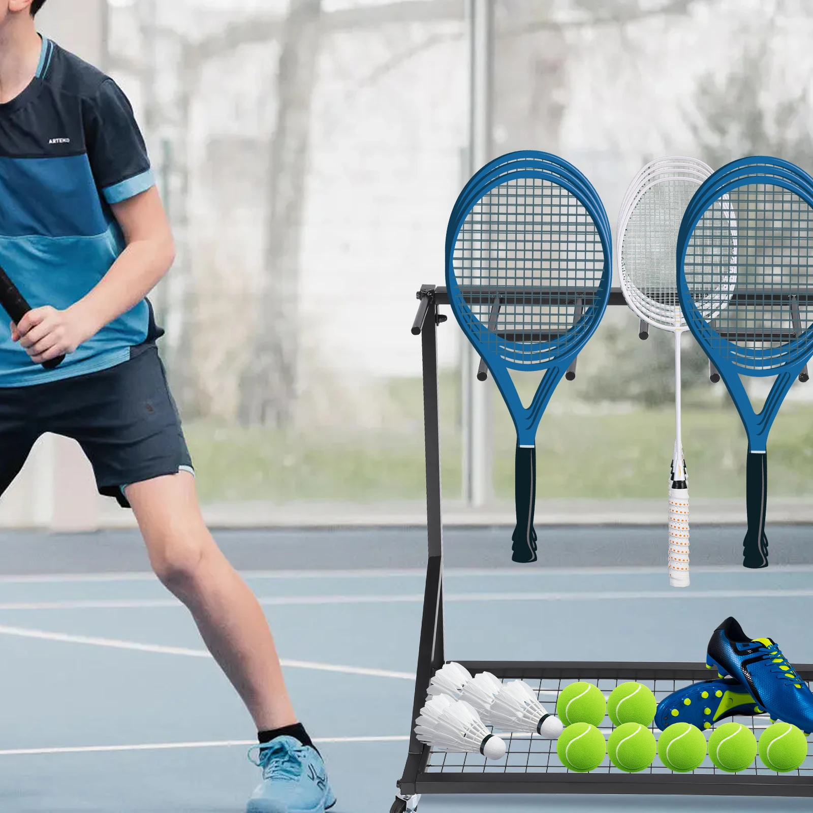 Heavy Duty Badminton Racquet Storage Rack with Wheels Tennis Racket Holder Shelf for Sports Equipment Organization