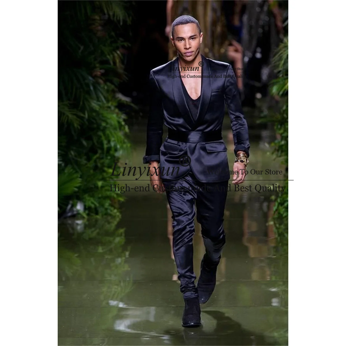 

Navy Blue Men Suits Silk Satin Groom Wedding Tuxedos With Belt Shawl Lapel 2 Pieces Sets Business Blazer Pants Terno Masculino