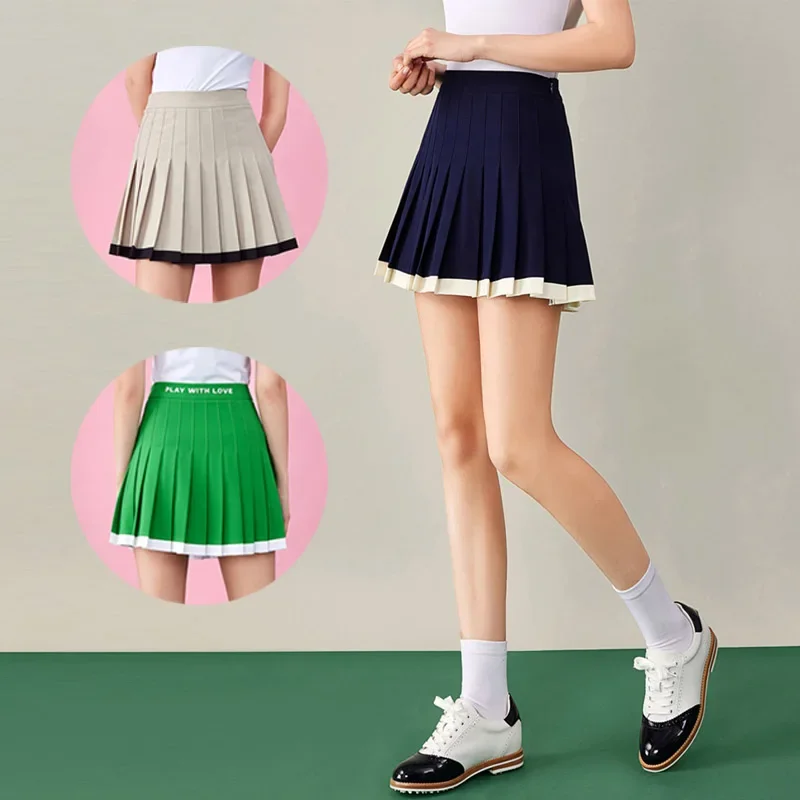 Love Golf Women Patchwork Golf Pleated Skirt Lady Anti-exposure Elastic Culottes A-line Slim Panskirts with Inner Shorts