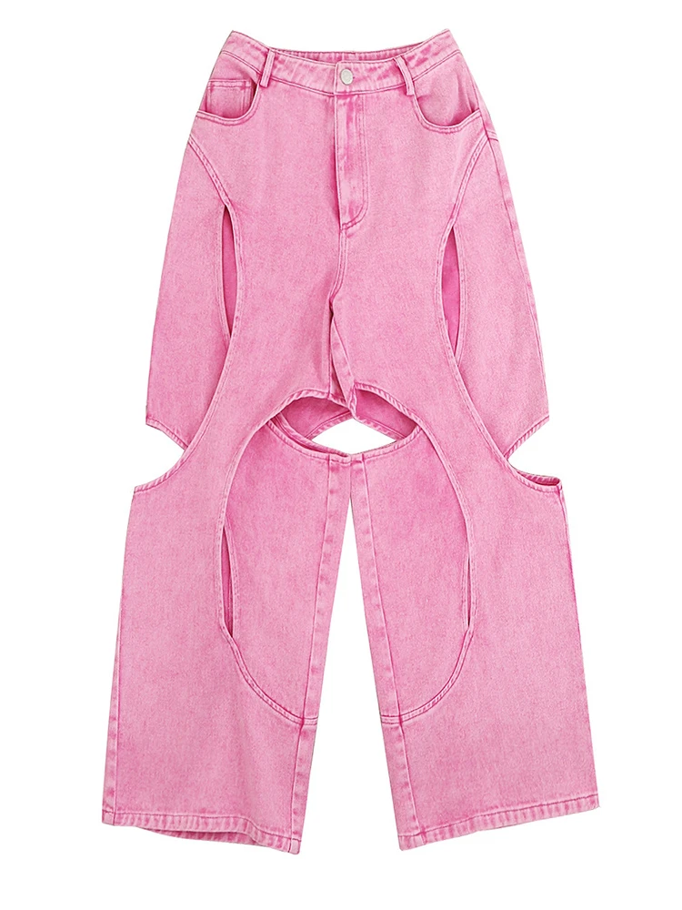 [EAM] High Waist pink Color Hollow Out Wide Leg Pants New Loose Fit Trousers Women Fashion Tide Spring Autumn 2026 1DH2146