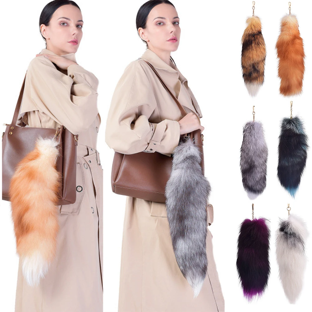 

Real Fur Grass Large Fox Hair Pendant Fox Tail Keychain Gift Charm Keyring Car Key Ring Bag Pendant Soft Fashion Women Bag Decor