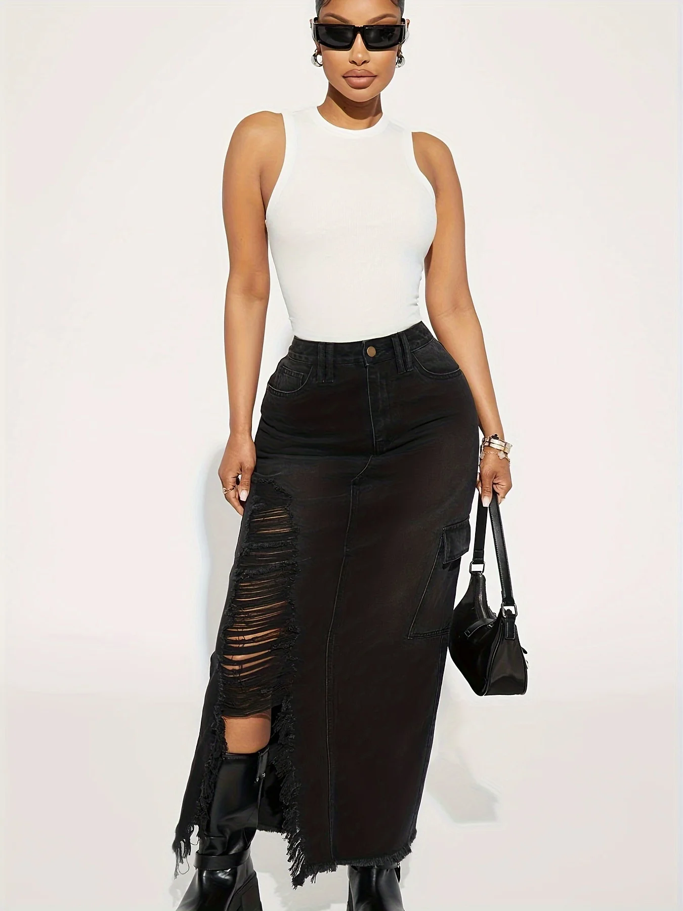 DAZY Distressed Wash Faded Long Slit Pocket Women Denim A-Line Skirt
