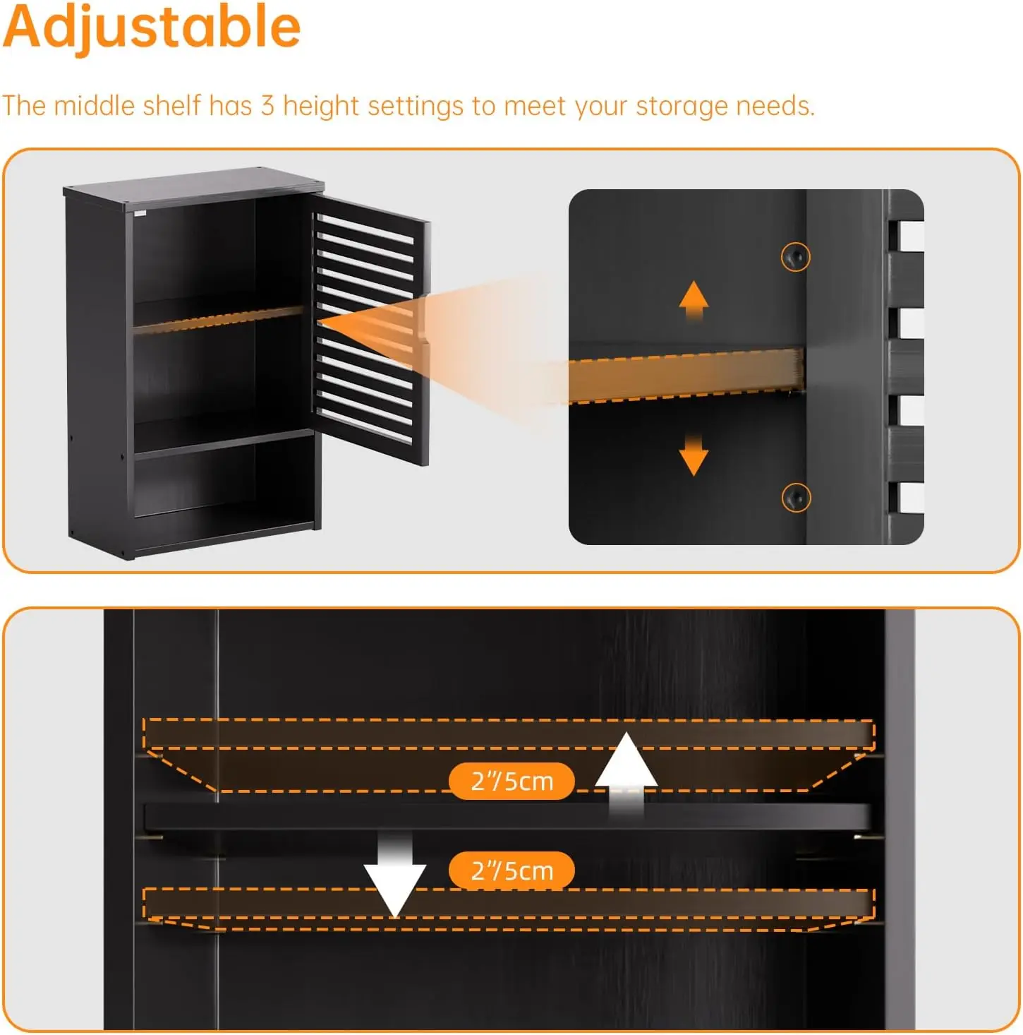 خزانة أدوية معلقة، خيزران أسود، رف قابل للتعديل