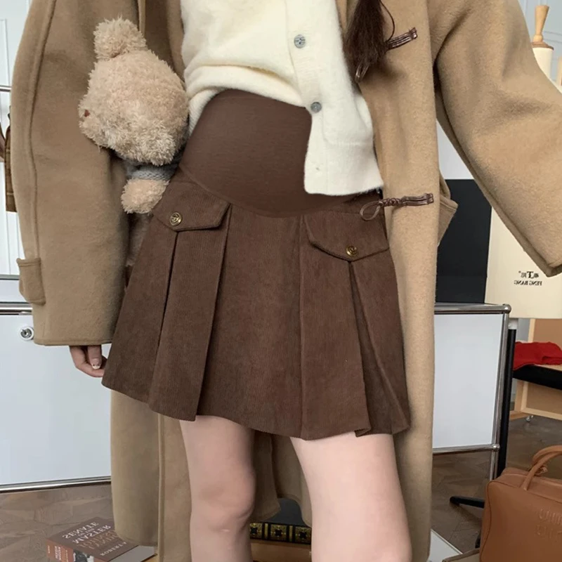 Autumn Winter Maternity Woolen Skirts with Golden Buttons High Waist Pregnant Woman Pleated Skirts Sexy Mini Skirt Black Brown