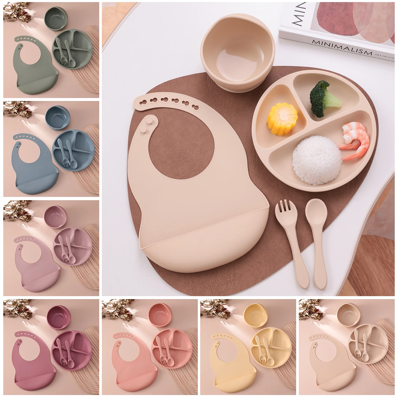 Color Kids 5PCS Silicone Baby Feeding Set Suction Dishes Plate BPA Free Sucker Bowl Bib Spoon Fork Training Tableware Gift Set