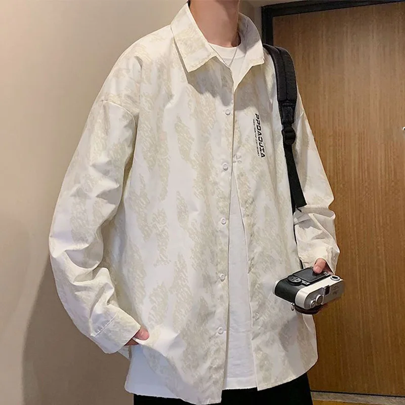 Handsome Summer Elegant Fashion Loose Casual Men's Shirt Retro Irregular Print Letter Button Lapels Long Sleeve Y2K Chic Tops