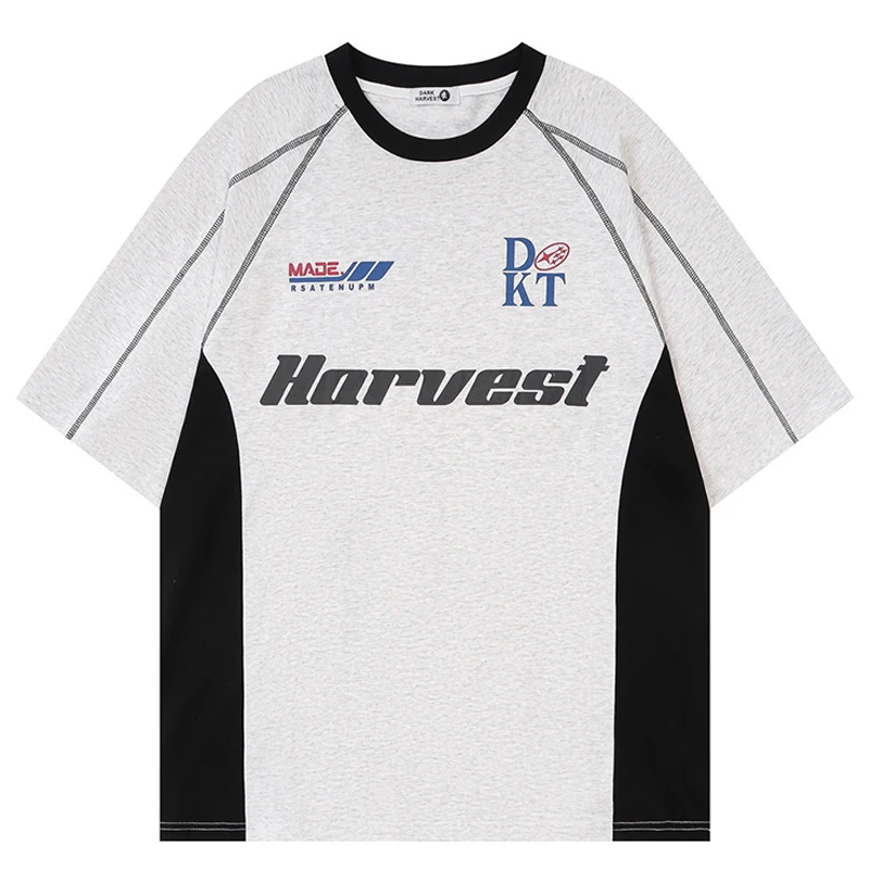 

American Sports Splicing Short-sleeved Personalized T-shirt Men Loose Pure Cotton Simple Street Trend Letter Couple Women's Tops