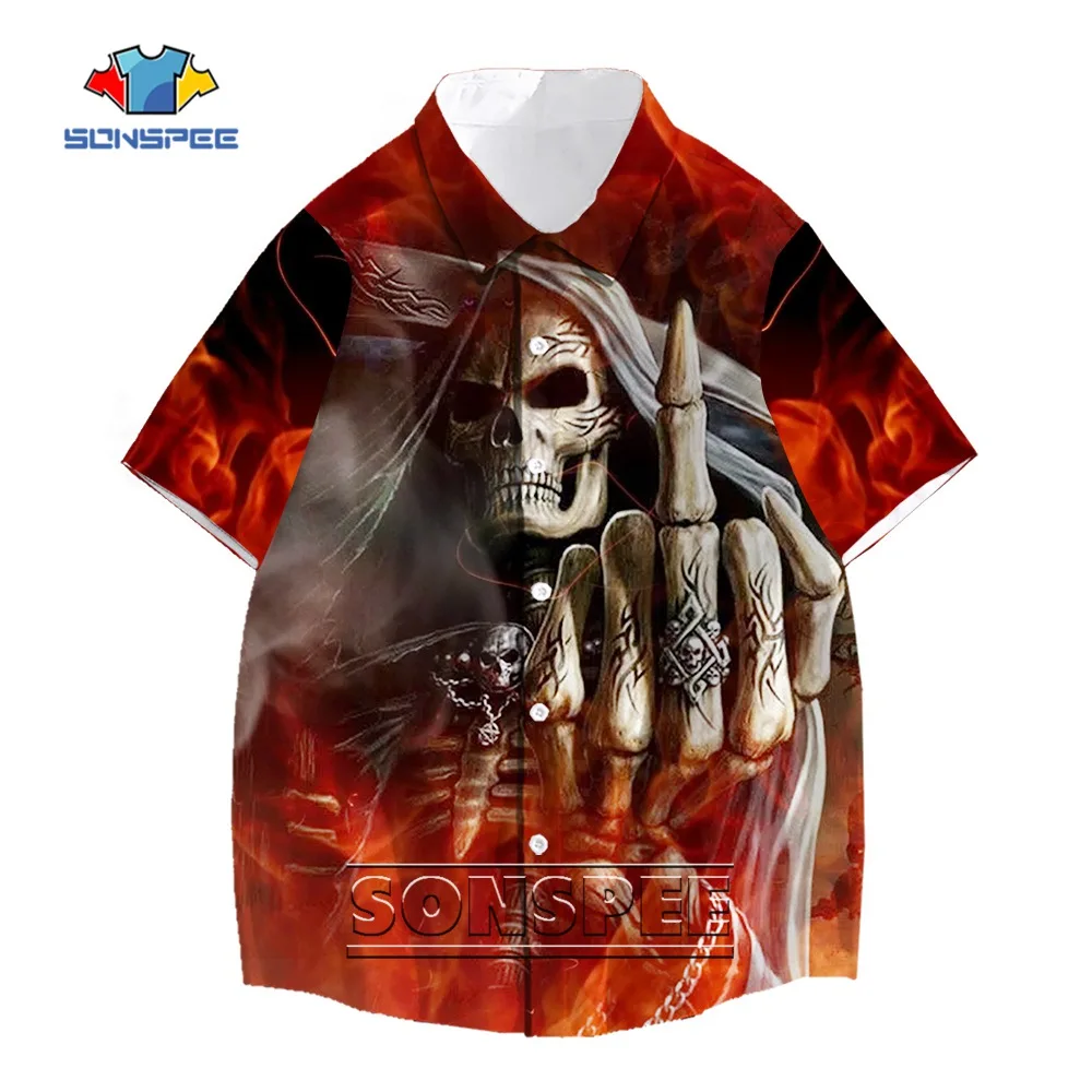 

SONSPEE 3D Printing Harajuku Cartoon Hip Hop Hawaiian Shirt Horror Skull Demon Shirts Fashion Personality Trend Short Sleeve Top