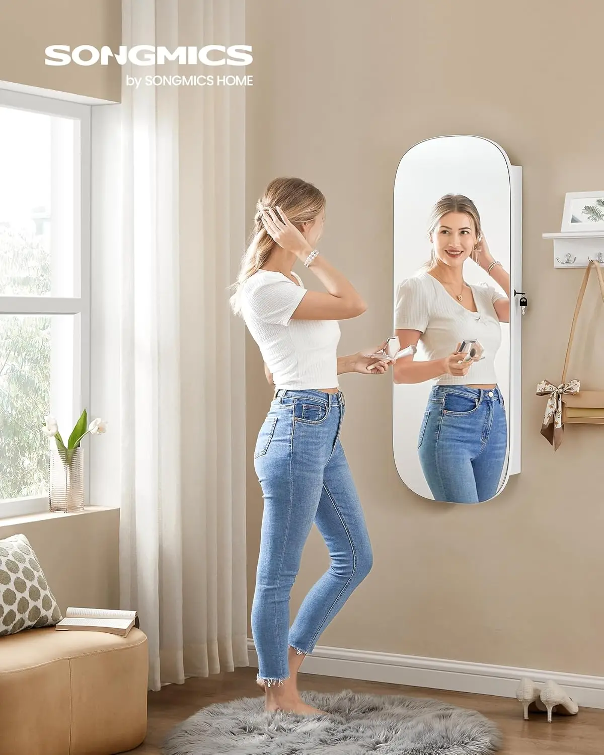 Jewelry Organizer, LED Jewelry Cabinet Wall or Door Mounted, Lockable Rounded Wide Mirror with Storage, Interior Mirror, 3.9 x 1