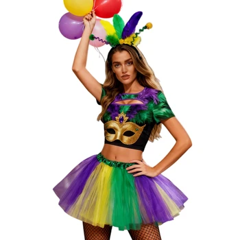 Costume Sexy da Donna con Top e Gonna Tutu, Costume per San Patrizio e Carnevale Brasiliano con Paillettes e Piume, Top Corto e Gonna Voluminosa, Outfit per Halloween