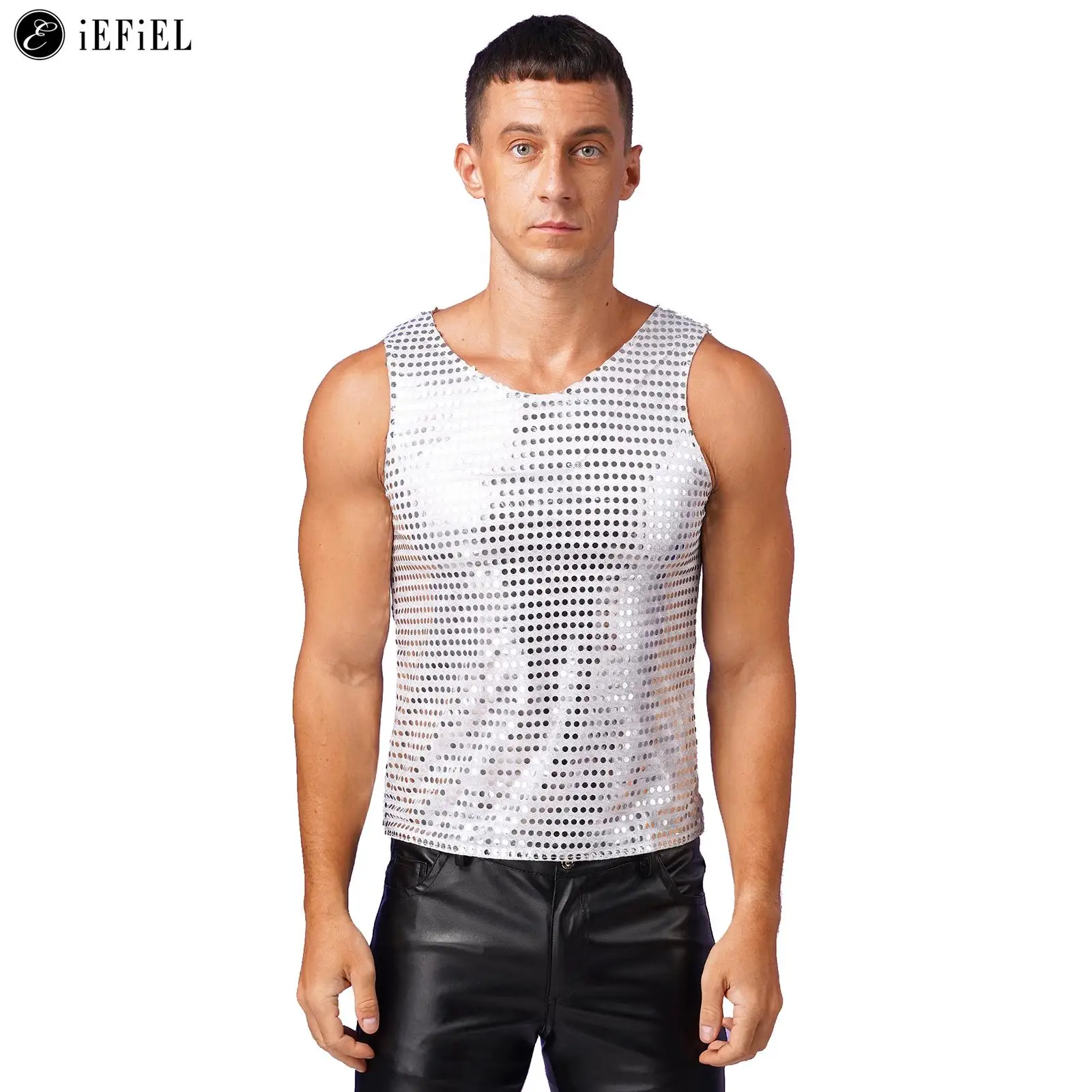 

Мужские Блестящие майки с блестками, футболка без рукавов с круглым вырезом, футболки, Женский танцевальный костюм, Клубная одежда