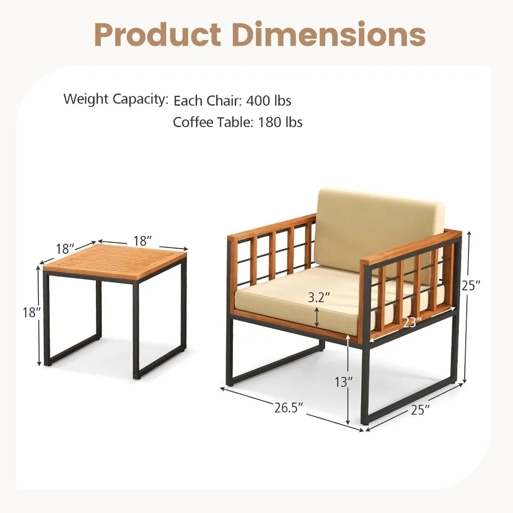 3 Pieces Patio Chair Set, Acacia Wood Outdoor Sofa Set with Metal Support, Soft Seat & Back Cushions Included, Cushions 5