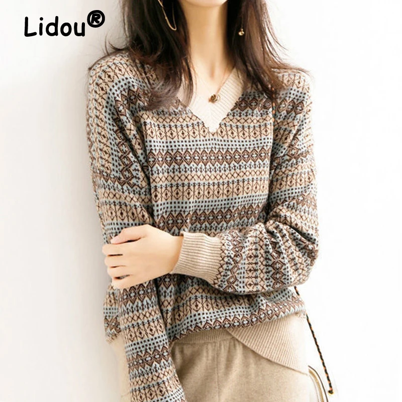 

Elegant Stripe Printed V Neck Sweater Women Casual Long Sleeve Patchwork Knitted Jumper Autumn Female Loose Pullover Sweaters