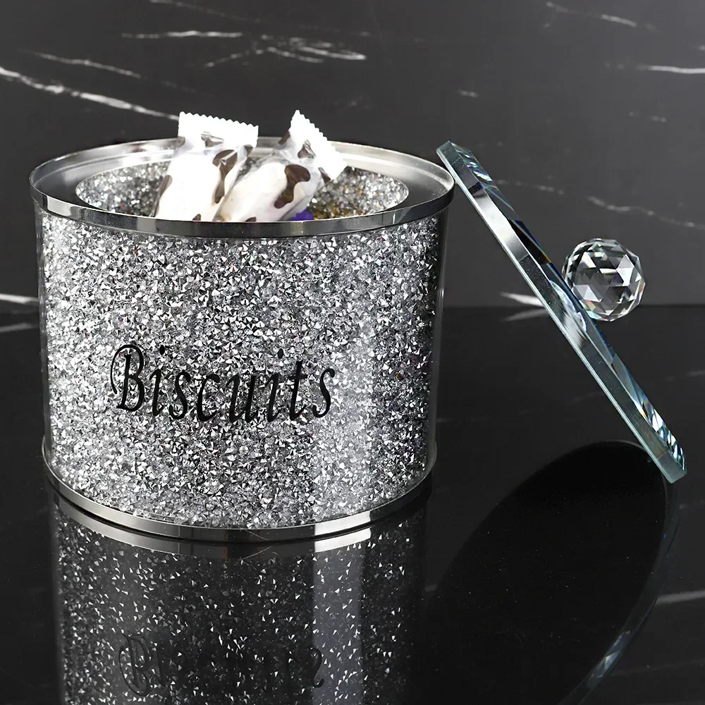 Crystal Glass Biscuit Container Jar Tin with Lid Kitchen Counter Storage Silver Trimmings Crystal Filled Decorative Storage Box 3