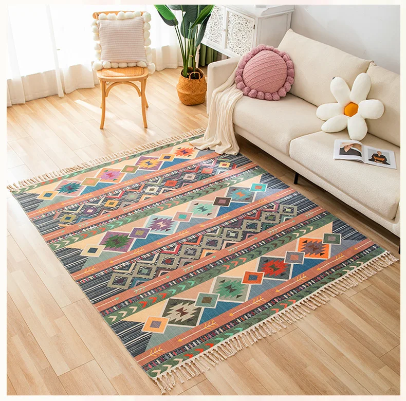 

Turkish style Cotton Linen Carpet for Living Room Decoration Bedroom Bedside Large Rugs Anti-slip Home Sofa Table Decor Mat