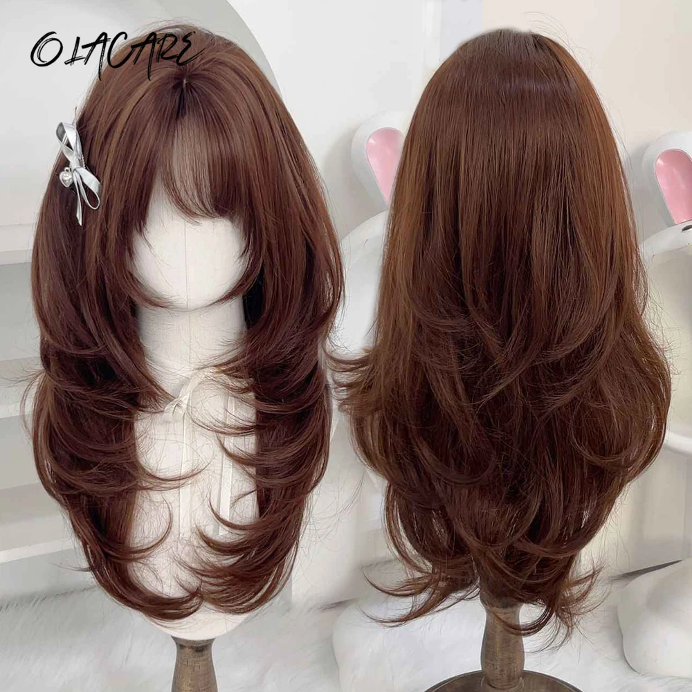 Brown Synthetic Wig for Women with Wavy Hair and French Bangs