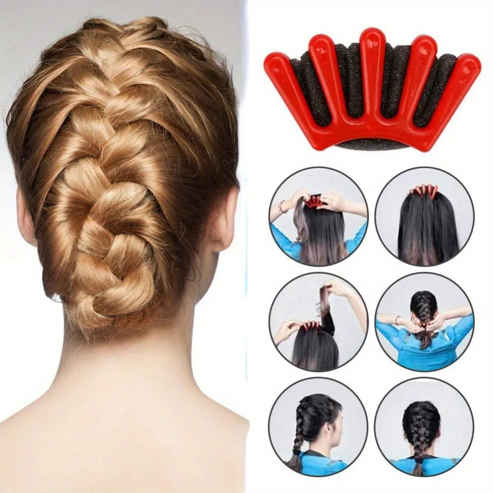 5-Finger Sponge Hair Braiding Tool, DIY Wave Curly Twist Styling Kit, Manual Hair Weaver Crimper for Women Girls Party Travel