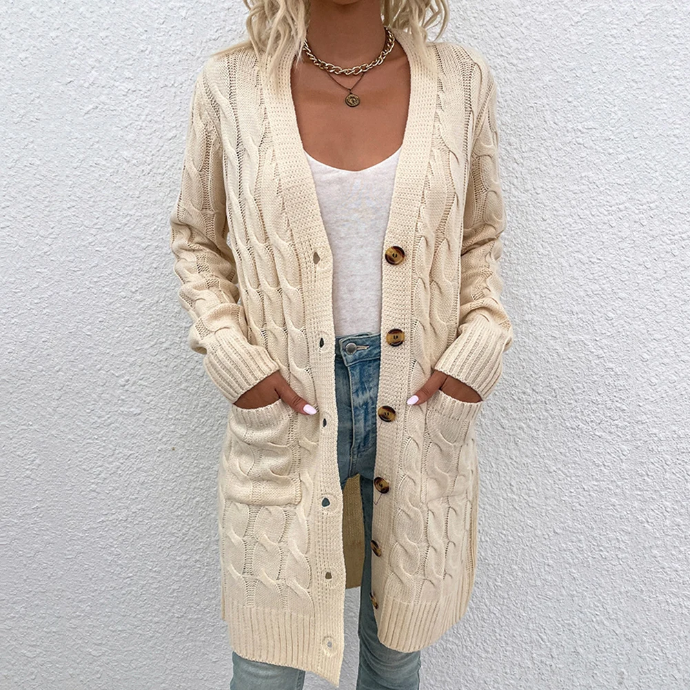 

Women Twisted Flower Cable Chunky Knit Button Cardigan Sweater Long Sleeve Grandad Coat Outwear Solid Female Knitted Sweater
