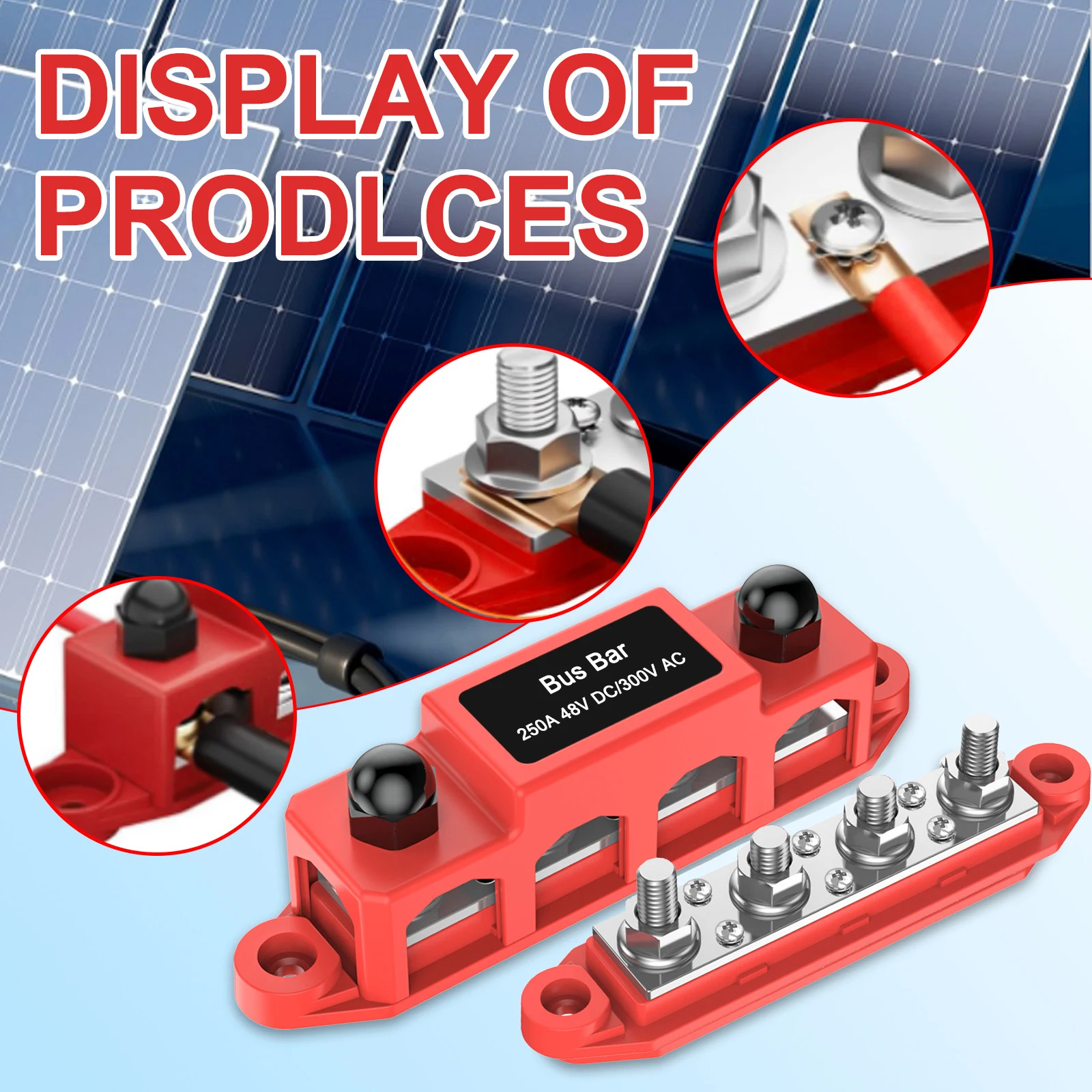 48V 250A Positive Negative M4 M10 Bus Bar Terminal Battery Power Distribution Block With Cover for 12V Boat RV Truck Camper
