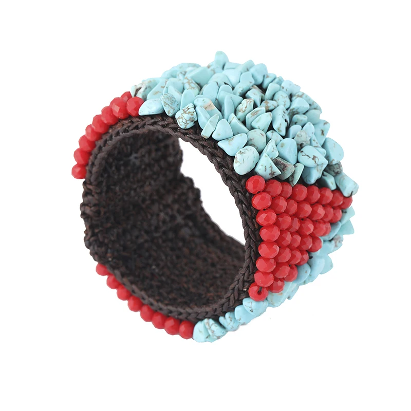 

New Fashion Crystal Natural Gravel Woven Cuff Bracelet Tibetan Ethnic Personality Open Adjustable Turquoise Bangle Bracelet