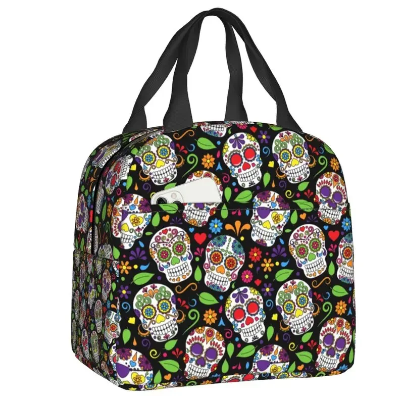 

Colorful Sugar Skull Flower Lunch Bag Men Women Thermal Cooler Insulated Lunch Box for Student School Work Food Picnic Tote Bags