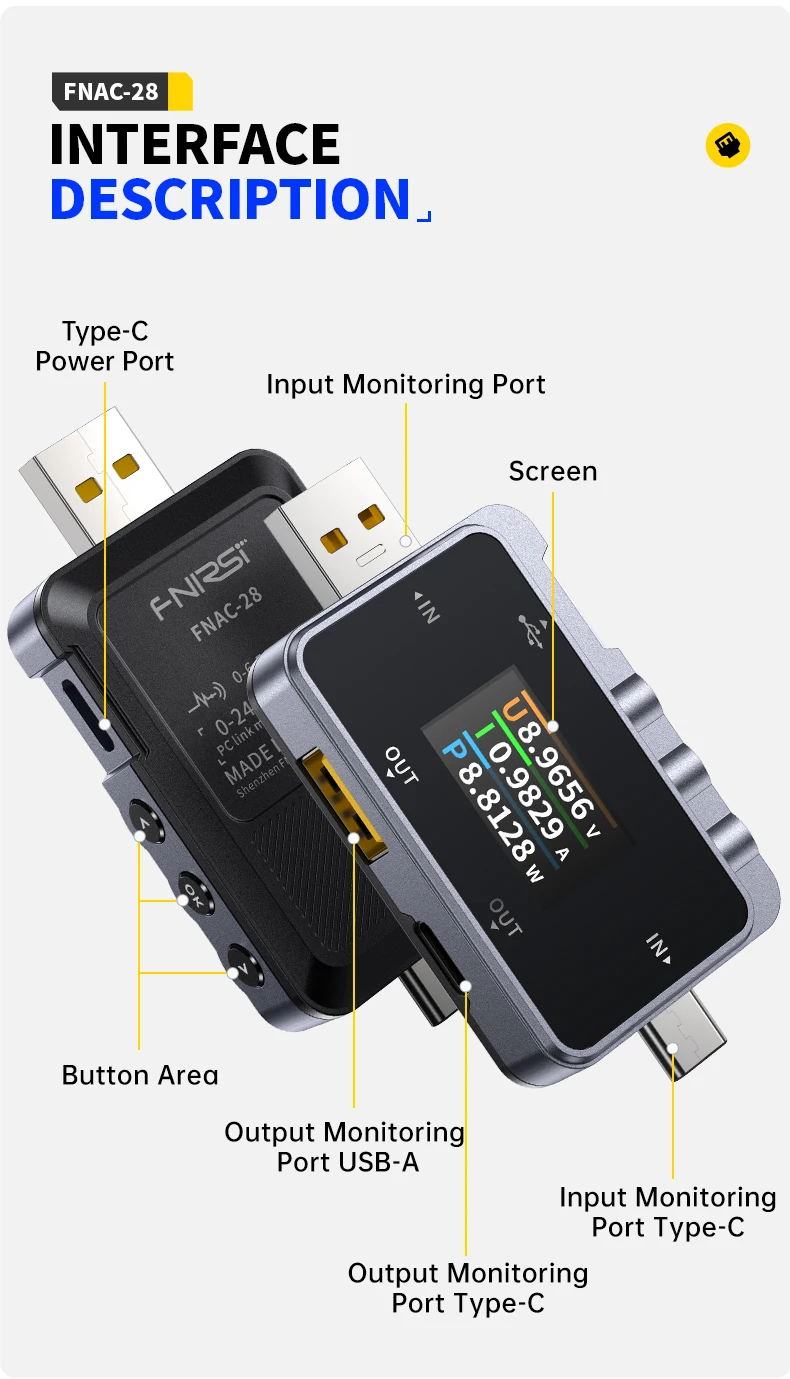 FNAC-28 тестер USB Type-C 2 в 1, цифровой амперметр и вольтметр 6.5А
