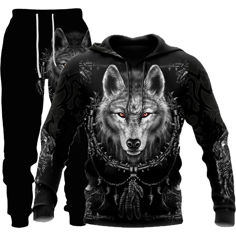 

New 3D Printing Wolf Fashion Men Women Tracksuits Crewneck Hoodies+pants Plus Size S-7XL Harajuku clothes