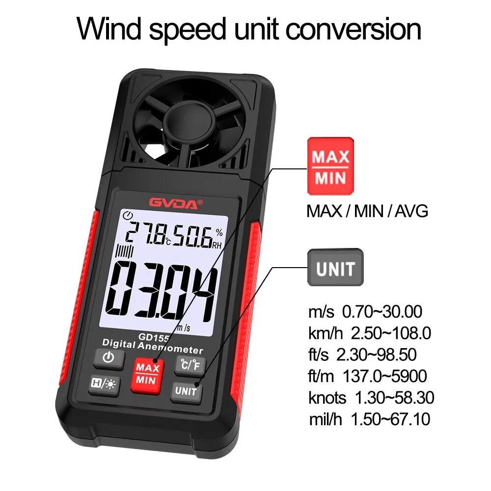 Digital Anemometer GVDA Handheld Wind Speed Meter GD155 Measuring Wind Speed Temperature Chill Backlight LCD