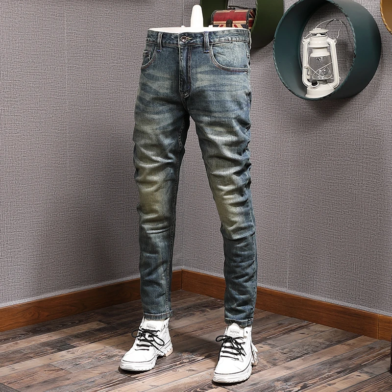 Fashion Designer Men Jeans High Quality Retro Blue Stretch Slim Fit Ripped Jeans Men Trousers Vintage Casual Denim Pants Hombre men s fashion jeans slim fit male ripped skinny pants high quality stretch hole blue denim man clothing casual biker trousers